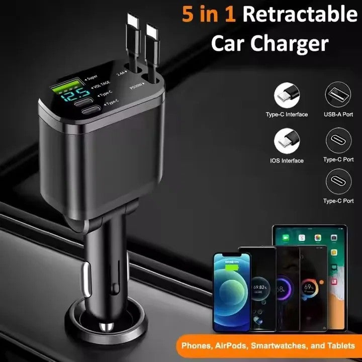 Bluejw 65W Retractable Cable Car Charger, 5 Port 4-in-1 Fast Charging Automobile Adapter with Voltage Display for iPhone/Samsung - Image 3